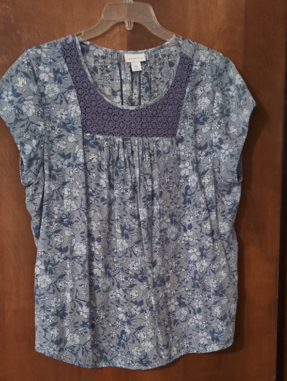 Liz Claiborne Blue Floral Short-Sleeve Top with Navy Crochet Yoke
